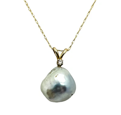 10mm Gray Baroque Pearl Diamond 14k Yellow Gold Pendant Necklace 18" - Image 1 of 4