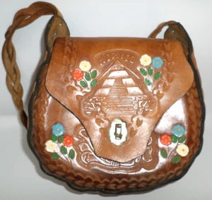 Vintage handbesetzte Leder Handtasche Mexiko Pyramide Blumen braun 9" Boho Hippie - Bild 1 von 11