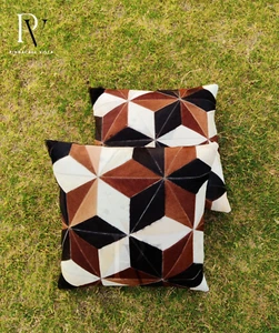 PATCHWORK TRICOLOR COWHIDE LEATHER CUSHION COVER COWSKIN THROW PILLOW COVER RUG - Picture 1 of 7