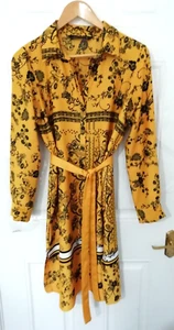 Zara Woman S Mustard Yellow Black Scarf Style Print Shirt Dress Pockets Tie Belt - Picture 1 of 9