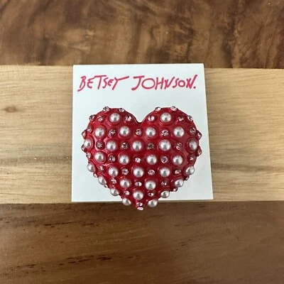 Betsey Johnson Pearl Rhinestone Red Heart Statement Stretch Valentines Day Ring - Image 1 of 3