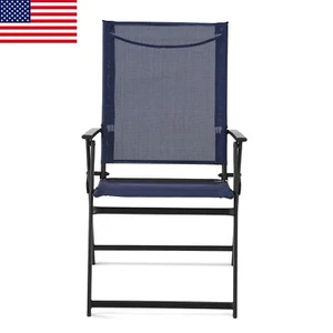 Folding Chair Square Set 2 Outdoor Patio Steel Sling Deck Porch Garden Navy New - Picture 1 of 8