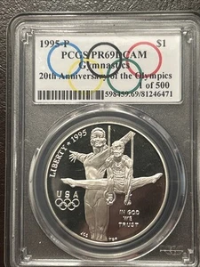 Olympics Gymnastics Silver Dollar, 1995 P PCGS PR 69 D-Cam $1, 1 of 500 Label - Picture 1 of 4