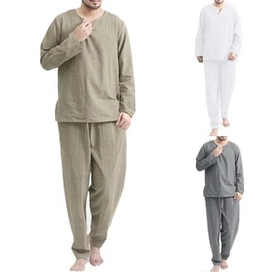 Leichtes Herren Pyjama Set 2-teilig mit Langarmshirt und bequemer Hose - Picture 1 of 45