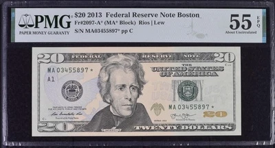 2013 $20 Federal Reserve Note Bill - Fr#2097-A*, MA* Block - PMG Graded 55 - Image 1 of 2