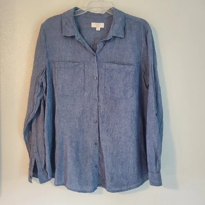 Charter Club Linen Shirt Womens XL Blue Long Sleeve Button Front Luxury Pockets - Image 1 of 4