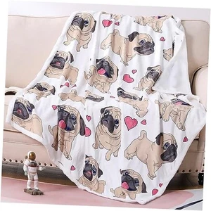Pug Blanket, Cute Puppy Fleece Blankets Super Soft Fuzzy Gifts 47" x 60" White - Picture 1 of 7