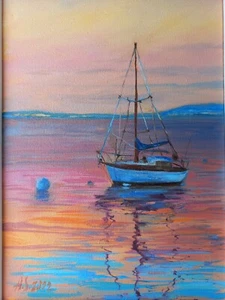 Painting Original sunset from a yacht Impressionism Oil on Canvas by A.Shrub - Picture 1 of 12