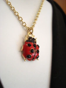 Red Ladybug with Shiny Black Rhinestones on a Fine Gold Plate 18" Chain Necklace - Picture 1 of 12