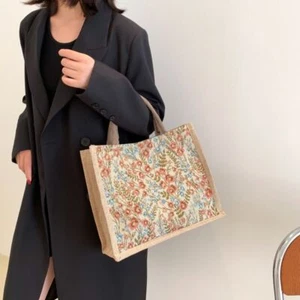 Women Flower Pattern Casual Handbag Mummy Bag Flax Tote Bag Lunch Pouch - Picture 1 of 8