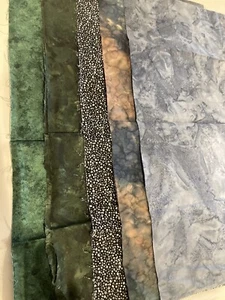 coordinating quilting fabric lot. Green, Blue, Gray. Leaves Polka Dots, Batik. - Picture 1 of 5