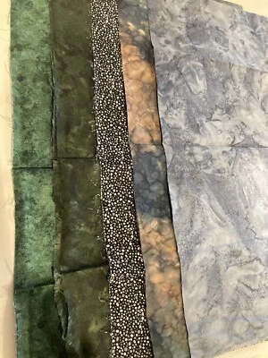 coordinating quilting fabric lot. Green, Blue, Gray. Leaves Polka Dots, Batik. - Image 1 of 4