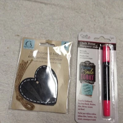 NEW 4 Chalkboard Tags Large Heart Shape With Ties  & CHALK WRITER PEN FREE S&H - Image 1 of 4