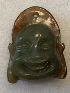 Green w/Brown Accents One Sided Jadeite Laughing Budda Head Translucent Pendant - Picture 1 of 7