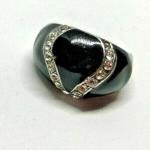 Vintage Silver Metal Black Enamel Rhinestone Diamante Ring 1980' Size R - Picture 1 of 7