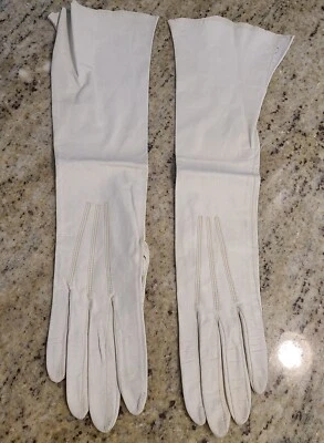 Guantes de ópera formales formales de cuero blanco marfil talla XS vintage para mujer de 14,5" de largo puntada Foto 1 de 4