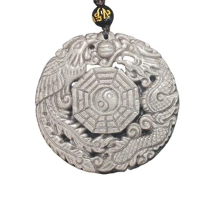 Natural silver obsidian dragon phenix necklace pendant with adjustable chain men - Picture 1 of 6