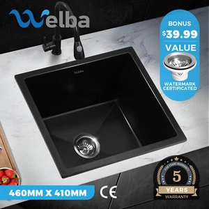 Welba Kitchen Sink Stone Sink Granite Laundry Basin Single Bowl 45cmx45cm Black - Picture 1 of 11