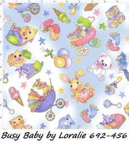 Busy Baby Cotton Quilt fabric BTY Loralie Designs 692-456 Tossed Baby on Blue - Picture 1 of 12