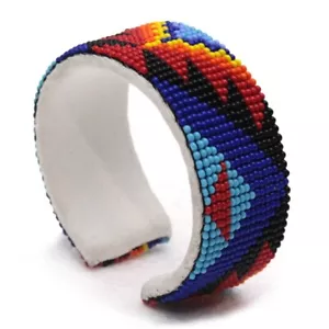 Pulsera de cuero multicolor de 1 pulgada de ancho con cuentas hecha a mano con patrón azteca - Imagen 1 de 2