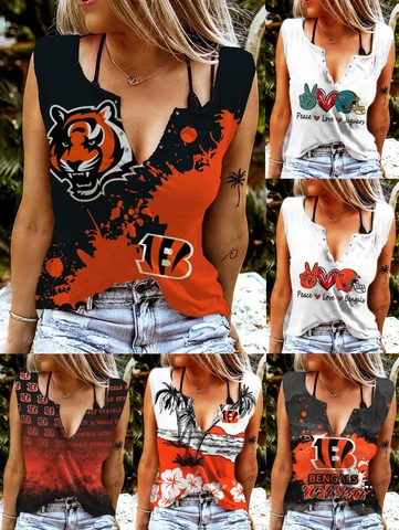 Cincinnati Bengals V-neck T-shirts Ring Hole Sleeveless Tank Tops Summer Vests Cover