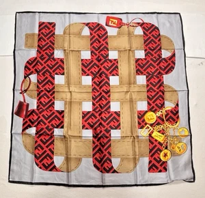 Fendi Scarf Red Grey Silk Zucca "Leather Luggage" Pattern Italy No Box 35x35 - Picture 1 of 9