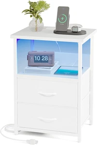 Night Stand with Charging Station, LED Nightstand with U-S-B Ports and Outlets, - Picture 1 of 7