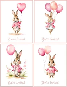 8 Birthday Party Invitation Flopsy Rabbit with balloons glossy blank fold out - Picture 1 of 3