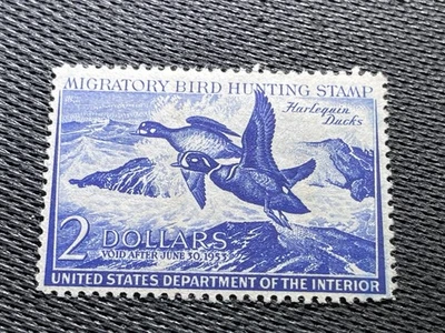 US SCOTT #RW19 Harlequin Ducks 1952 FEDERAL $2 DUCK HUNTING STAMP MLH - Image 1 of 2