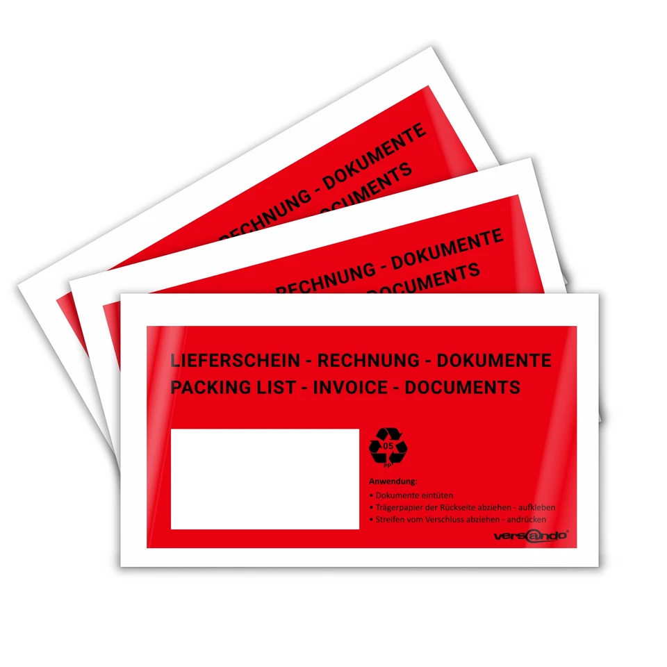 VERSANDO 1000 DIN lang Lieferscheintaschen Dokumentenhüllen Begleitpapiertaschen DL rot