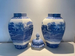 Two Spode England Blue Tower Hexagonal Temple / Ginger Jars 15" - Picture 1 of 5