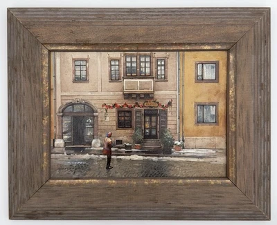 VINTAGE OIL PAINTING ON WOOD BOARD FRENCH STREET ART SIGNED BY ARTIST. - Image 1 of 4