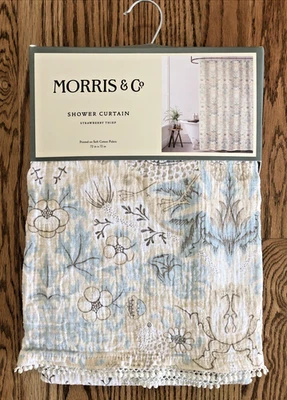 William Morris & Co Strawberry Thief Shower Curtain  Tan & Blue 72 x 72 NEW - Image 1 of 4