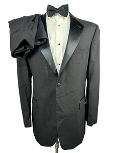 STAFFORD Mens Black TUXEDO FORMAL Pleated 2 Pc TUX Suit 44L Jacket 38x34 Pant - Picture 1 of 12