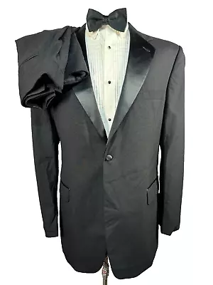 STAFFORD Mens Black TUXEDO FORMAL Pleated 2 Pc TUX Suit 44L Jacket 38x34 Pant - Image 1 of 4