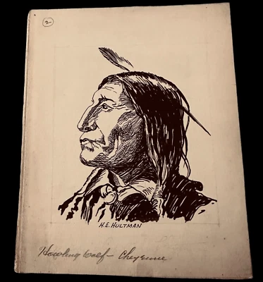 Native American Howling Wolf Cheyenne Original Pen & Ink H E Hultman 5"x6"  Vtg - Image 1 of 4