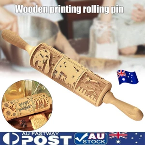 Christmas Wooden Embossing Rolling Pin Engraved Baking Cookies Cake Roller VP - Picture 1 of 12