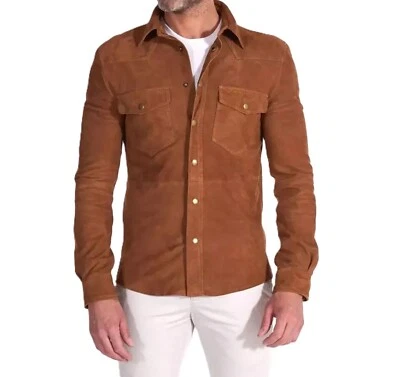 Men's Brown Suede Leather Jacket Shirt 100% Pure Soft Suede Full Sleeves Shirt - Image 1 of 4