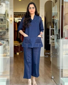 Beautiful Machine Katha Work & Full Hand Adda Beads, Shirt With Pant Set,6xl,7xl - Picture 1 of 6