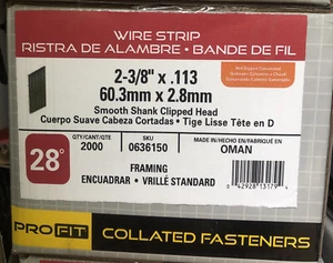 PRO FIT 2-3/8” x .113 Smooth Galv Wire Strip Part# 0636150 28 Degree Box Of 2000 - Picture 1 of 1