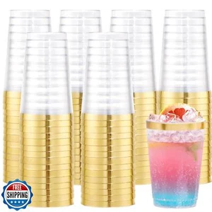 Supernal 200pcs Gold Plastic Cups, 12oz Clear Plastic Drinking Cups, Disposab - Picture 1 of 5