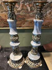 Candle Holders Marble and Brass  25.5" x 6" For Up To 3" Candle Lot of 2