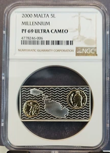 2000 MALTA SILVER 5 LIRI 5L MILLENIUM NGC PF 69 ULTRA CAMEO RARE TOP POP 1 - Picture 1 of 3