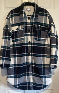 Vigoss Women’s Long Plaid Shacket Jacket Blue Black White Size Medium Button - Picture 1 of 6