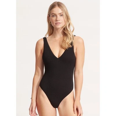 Traje de baño Seafolly nuevo sin etiquetas para mujer Sea Dive cuello en V profundo de una pieza talla 10 negro playa Foto 1 de 4