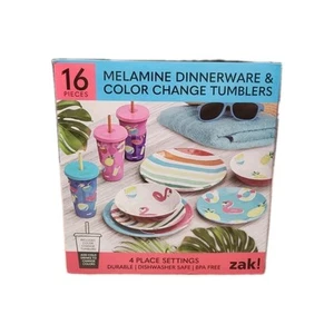 NWT Zak! 16pc 100% Melamine Dinner Set w Color Change Tumblers Durable BPA Free - Bild 1 von 11