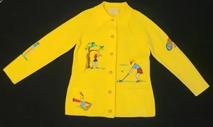 Vintage 50er Andrew Argenti bestickt gelb Golf Thema Cardigan Pullover (M) süß - Bild 1 von 24