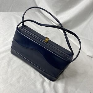 Vintage 50s 60s hard shell case navy blue leather handbag purse