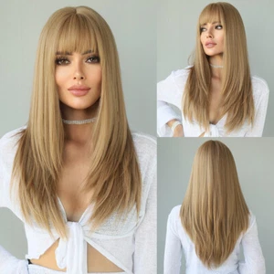 Long Straight Heat Resistant Hair Honey blonde Costume Wig With Bangs - Picture 1 of 8