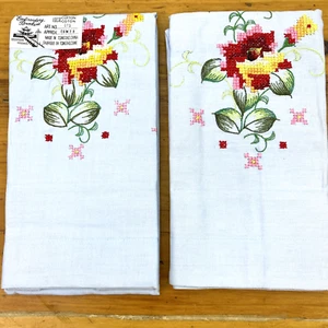 Pair of Embroidered Pillowcases Flowers, Blue with Colored Flowers 18x28" - Picture 1 of 6